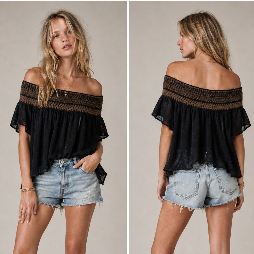 Free People "Lock Lomond" Off-Shoulder Flutter Sleeve Mohair Wool Blend Sweater